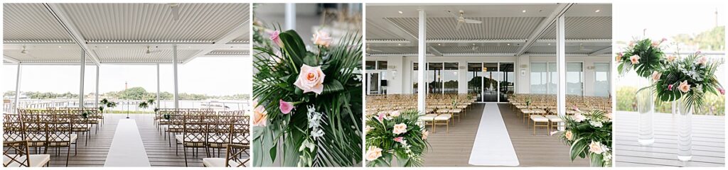 Collage of a waterfront wedding ceremony setup at the Pelican Club in Jupiter, Florida, featuring elegant floral arrangements, gold chairs, and views of the Jupiter Inlet Lighthouse from the covered deck.