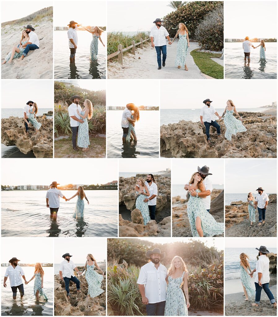 Holding each other with the ocean view in the background during Coral Cove Park engagement photos in Jupiter Florida.